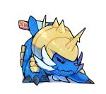  all_fours blush claws closed_eyes commentary english_commentary full_body highres horns no_humans pokemon pokemon_(creature) pokemon_focus samurott simple_background single_horn spikes sunsnak_sn wavy_mouth white_background 