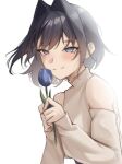  1girl absurdres black_hair blue_eyes blue_flower closed_mouth commentary detached_sleeves floating_hair flower hair_intakes highres holding holding_flower hololive hololive_english nurizza_ilst official_alternate_costume ouro_kronii ouro_kronii_(casual) shirt simple_background sleeveless sleeveless_turtleneck smile solo turtleneck upper_body virtual_youtuber white_background white_shirt 