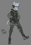 ambiguous_gender anthro bravobunny clothed clothed_anthro clothing domestic_cat electronics felid feline felis footwear full-length_portrait fully_clothed fully_clothed_anthro fur grey_background grey_body grey_fur grey_tail gun headphones hi_res holding_gun holding_object holding_ranged_weapon holding_rifle holding_weapon mammal military_uniform portrait ranged_weapon rifle shoes simple_background solo tail uniform weapon