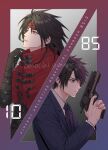  1boy black_gloves black_hair cloak closed_mouth collared_shirt commentary_request final_fantasy final_fantasy_vii gloves gun handgun headband holding holding_gun holding_weapon jacket long_hair looking_up multiple_views necktie omochigame_ct parted_lips red_cloak red_eyes red_headband shirt short_hair suit_jacket turks_(ff7) twitter_username upper_body vincent_valentine weapon white_shirt 