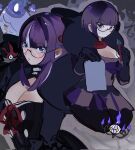  1girl blunt_bangs bob_cut book breasts chandelure cleavage commentary game_screenshot_inset glasses highres holding holding_pen holding_poke_ball litwick looking_at_viewer low_neckline medium_breasts medium_hair moco_vai neck_pillow pen poke_ball pokemon pokemon_(creature) pokemon_black_and_white purple_eyes purple_hair purple_skirt red_ribbon ribbon round_eyewear screenshot_inset shauntal_(pokemon) skirt solo 