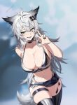  1girl animal_ear_fluff animal_ears arknights black_bra black_shorts black_thighhighs bra breasts cleavage commentary english_commentary grey_eyes grey_hair grey_tail highres konekogou lappland_(arknights) large_breasts latex latex_bra material_growth navel oripathy_lesion_(arknights) scar scar_across_eye scar_on_face short_shorts shorts smile solo tail teeth thick_thighs thigh_strap thighhighs thighs twitter_username underwear variant_set wolf_ears wolf_girl wolf_tail 