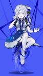 1girl @_@ absurdres ahoge aokumo_rin apron belt black_ribbon blue_apron blue_background blue_bow blue_bowtie blue_eyes blue_hair blue_ribbon bow bowtie breasts center_frills choker cloud_hair_ornament clrawing commentary_request dress elbow_gloves frilled_apron frilled_dress frills full_body gloves hair_ornament hair_ribbon hair_rings high-waist_belt highres korean_commentary kurimi_(aokumo_rin) long_hair maid_apron maid_headdress medium_breasts multicolored_hair name_tag open_mouth polka_dot polka_dot_bow polka_dot_bowtie puffy_short_sleeves puffy_sleeves ribbon roller_skates short_sleeves side_ponytail simple_background single_hair_ring skates stellive streaked_hair sweat thighhighs very_long_hair virtual_youtuber white_belt white_choker white_dress white_gloves white_hair white_thighhighs 