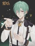  1boy anniversary black_background bow bowtie commentary_request ensemble_stars! gradient_hair green_hair grey_bow grey_bowtie hair_between_eyes hand_up heart highres jacket kazehaya_tatsumi layered_sleeves long_sleeves looking_at_viewer male_focus mole mole_under_eye multicolored_hair one_eye_closed purple_eyes shirt short_hair smile solo sparkle striped_clothes striped_shirt tok81_01 traditional_bowtie upper_body vertical-striped_clothes vertical-striped_shirt white_jacket white_shirt 