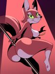 3:4 adult_swim anthro big_breasts big_butt breasts butt canid canine cartoon_network dancing female fox fur green_eyes hi_res june_way looking_back mammal nude orange_body orange_fur pole pole_dancing red_background simple_background smile smirk solo spotlight tail unicorn:_warriors_eternal vicioustyrant