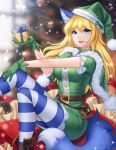  1girl animal_ear_fluff animal_ears artist_name belt blonde_hair blue_eyes blue_tail blue_thighhighs bow box brown_belt capelet christmas christmas_present commentary commission english_commentary feet_out_of_frame fox_ears fox_girl fox_tail fur-trimmed_capelet fur_trim gift gift_box gigamessy gloves green_bow green_capelet green_gloves green_hair hand_on_own_knee highres holding holding_gift long_hair looking_at_viewer open_mouth original pom_pom_(clothes) short_sleeves sitting smile solo striped_clothes striped_thighhighs tail teeth thighhighs upper_teeth_only white_thighhighs 