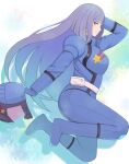  1girl absurdres aeug blue_bodysuit blush bodysuit breasts earrings gundam gundam_zz helmet highres holding holding_unworn_helmet jewelry konishiki_(52siki) large_breasts long_hair looking_at_viewer mecha_pilot_suit normal_suit_(gundam) pouch purple_eyes purple_hair roux_louka science_fiction smile solo star_(symbol) star_print unworn_headwear unworn_helmet 