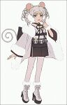 1girl :d animal_ears bishoujo_senshi_sailor_moon black_skirt boots character_request commentary_request finger_to_mouth full_body fur-trimmed_boots fur-trimmed_sleeves fur_trim grey_background grey_boots grey_eyes grey_hair grey_kimono grey_pantyhose hakusai_(tiahszld) high_heel_boots high_heels japanese_clothes kemonomimi_mode kimono long_sleeves looking_at_viewer mouse_ears mouse_girl mouse_tail pantyhose parted_bangs skirt smile solo standing star_(symbol) tail wide_sleeves 