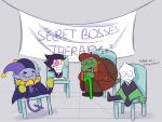  4boys banner beret black_hair black_jacket black_poncho black_shoes brown_coat brown_hat brown_pants cane cape chair circle_facial_mark closed_eyes closed_mouth coat collared_shirt colored_skin colored_teeth commentary deltarune english_commentary english_text facial_hair facial_mark fafameow fringe_trim furry furry_male gerson_boom glasses goatee green_necktie green_pippins green_scales green_trim grey_background grey_skin hair_slicked_back hand_on_cane hat heterochromatic_eyewear highres jacket jester jester_cap jevil long_nose long_sleeves looking_ahead looking_at_another looking_to_the_side male_focus multiple_boys neck_ruff necktie on_chair orange_scarf pants parted_lips patch pink-tinted_eyewear pippins_(deltarune) pointy_ears pointy_nose purple_cape purple_tail scar_across_eyes scarf shadow sharp_teeth shirt shoes short_hair short_male sideways_glance sitting smile snout spamton_g._spamton spiral_cheeks sweatdrop teeth therapy tile_floor tiles tinted_eyewear trait_connection turtle_boy turtle_shell utdr_(toby_fox) v-shaped_eyebrows white_shirt white_skin yellow-tinted_eyewear yellow_teeth zzz 