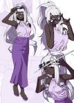  1girl :d absurdres adjusting_eyewear alternate_costume armpits commentary_request dark-skinned_female dark_skin eyewear_on_head glint grey_hair hands_up highres jacinthe_(pokemon) long_hair looking_at_viewer multiple_views open_mouth pokemon pokemon_legends:_z-a purple_skirt sandals shirt sidelocks skirt sleeveless sleeveless_shirt smile sunglasses takeda_(5yogalaxy) teeth toes upper_teeth_only 