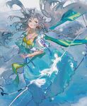  1girl above_clouds barefoot blue_dress braid cloud commentary cropped cross-laced_clothes cross-laced_dress dress flying full_body green_eyes grey_hair highres long_hair muyihui original smile solo twin_braids untranslatable_commentary 