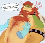 2026 anthro arm_hair armband barazoku beard belly biceps big_muscles big_pecs body_hair bowser chest_hair collar deltoids dialogue disembodied_hand english_text exclamation_point eyebrows facial_hair grey_background grope hair hairy hand_on_chest hand_on_pecs happy_trail horn huge_muscles huge_pecs interrobang koopa long_hair looking_at_viewer male manly mario_bros mature_anthro mature_male motion_lines musclegut muscular muscular_anthro muscular_male mustache navel nintendo nude open_mouth pec_grab pecs pubes scalie shell simple_background solo spiked_armband spiked_collar spiked_shell spikes spikes_(anatomy) standing talking_to_viewer text thediyemi thick_arms