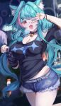  1girl absurdres alternate_costume animal_ear_fluff animal_ears aqua_hair aqua_nails black_choker black_shirt blue_shorts breasts cat_ears cat_girl cat_tail choker cleavage colored_eyelashes commentary_request cosplay fang female_esper_zero_(city_wanderer)_(nte) female_esper_zero_(nte) highres large_breasts long_hair looking_at_viewer mint_(nte) multicolored_hair nail_polish neverness_to_everness open_mouth pink_hair shirt shorts skin_fang smile solo tail two-tone_hair v v_over_eye very_long_hair wimawi 