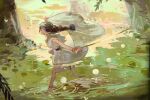  1girl anklet braid braided_ponytail brown_hair chinese_commentary closed_eyes commentary_request dress gold_anklet gold_bangle happy jewelry long_hair muyihui open_mouth original outdoors outstretched_arms ripples running shawl solo spread_arms tree wading water white_dress white_shawl 
