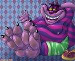  anthro bodily_fluids boxers_(clothing) cheshire_cat_(disney) cheshire_cat_(species) clothing domestic_cat feet felid feline felis foot_fetish footwear grin jusosleep lying male mammal nipples overweight sandals shoes smile solo sweat underwear 