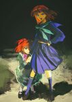  2girls aunt_and_niece blue_sailor_collar blue_serafuku blue_shirt blue_skirt blue_socks blunt_bangs bow commentary dark dress english_commentary eva_beatrice green_dress hair_bobbles hair_ornament hand_on_own_hip highres loafers lostack mary_janes multiple_girls neckerchief open_mouth orange_hair outdoors pink_bow red_hair sailor_collar school_uniform serafuku shadow shirt shoes short_hair skirt smile socks umineko_no_naku_koro_ni ushiromiya_ange white_neckerchief white_socks 
