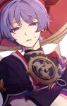 1boy black_kimono black_sleeves blunt_ends blurry choppy_bangs crossed_arms depth_of_field genshin_impact gold grey_veil hat highres japanese_clothes jingasa juban kimono layered_sleeves looking_at_viewer male_focus masu_tat parted_lips purple_eyes purple_hair purple_rope purple_sleeves red_hat red_kimono rope scaramouche_(genshin_impact) shimenawa short_sleeves solo sweatdrop tsurime variant_set veil white_background white_kimono white_rope 