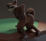 3d_(artwork) all_fours anthro anus backsack balls brown_body brown_fur butt digital_media_(artwork) feet fingers fur furniture genitals guardians_of_the_galaxy hand_on_butt hi_res looking_at_viewer looking_back male mammal marvel nipples no-name-no-problem nude on_table presenting presenting_anus procyonid raccoon realistic_fur rocket_raccoon seductive simple_background smile solo spread_butt spreading table tail teeth toes
