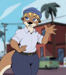 anthro belt blonde_hair blue_ear_piercing blue_eyes bottomwear brown_body brown_fur car clothed clothed_male clothing detailed_background disney ducktales ducktales_(2017) fur gesture green_car hair hat headgear headwear hi_res male mammal membrane_(anatomy) mustelid otter otter_tail outside palm_tree pandottermon pants parker_(pandottermon) plant shirt sky solo standing topwear tree vehicle waving webbed_hands