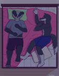 anthro antti badger bed black_body black_fur canid canine duo eyes_closed fur furniture hi_res jukolapp lying male male/male mammal marcy mustelid musteline night on_back on_mattress on_side pillow pink_blanket sleeping tail white_body white_fur white_paws