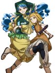  2girls blonde_hair blue_hair commentary_request haniyasushin_keiki highres joutouguu_mayumi long_hair looking_at_viewer medium_hair multiple_girls onnoji_mi sandals simple_background smile touhou white_background 