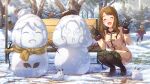  1girl :d ^_^ bench black_gloves blush bow brown_coat brown_hair brown_pantyhose card_commentary character_snowman closed_eyes coat commentary_request day facing_viewer footwear_bow game_asset gloves idolmaster idolmaster_million_live! idolmaster_million_live!_theater_days long_hair long_sleeves miyao_miya official_art open_mouth outdoors pantyhose park_bench red_shoes shoes smile snow snow_rabbit snowman solo_focus squatting tenkubashi_tomoka thick_eyebrows third-party_source tokugawa_matsuri tree winter 