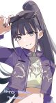  1girl adjusting_eyewear amaya_tsubame black_hair black_nails blue_eyes blue_jacket cropped_jacket eyewear_on_head gakuen_idolmaster highres idolmaster jacket kiouri long_hair looking_at_viewer midriff nail_polish ponytail shirt solo sunglasses very_long_hair white_shirt 
