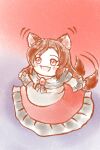  1girl :d animal_ears black_dress blush brooch brown_hair commentary_request deformed dress ear_wiggle enriend full_body gem gradient_background imaizumi_kagerou jewelry long_dress long_hair long_sleeves open_mouth parted_bangs red_background red_dress red_eyes red_gem smile solo straight_hair tail tail_wagging touhou white_background white_dress wolf_ears wolf_girl wolf_tail yukkuri_shiteitte_ne 
