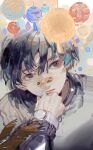  1boy bandaid bandaid_on_face bandaid_on_nose black_eyes black_hair closed_mouth commentary grey_sweater hand_on_own_chin highres long_sleeves looking_to_the_side male_focus muyihui original portrait short_hair solo sweater watch wristwatch 
