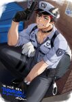  1boy abs amagosi animal_ears black_choker black_gloves black_hair black_necktie black_pants black_shoes blue_eyes blue_shirt brick_wall bursting_pectorals choker commentary_request commission covered_abs covered_nipples covered_pectorals cuffs dog_boy dog_ears dog_tail eyebrow_cut gloves grin gun haishan_nick handcuffs handgun hat holding holding_gun holding_weapon large_pectorals looking_at_viewer male_focus multicolored_hair multiple_scars muscular muscular_male necktie original pants pectoral_cleavage pectorals police police_hat police_uniform red_hair scar scar_on_cheek scar_on_face scars_all_over shirt shoes short_hair signature sitting skeb_commission smile solo sweat tail thank_you tight_clothes weapon 