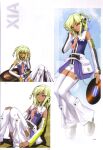  1girl absurdres artbook beatmania_iidx beatmania_iidx_12_happy_sky belt bemani blonde_hair blue_shirt braid character_name dark-skinned_female dark_skin detached_sleeves full_body goli_matsumoto hand_on_headphones headphones highres holding_record leg_warmers multiple_views necktie official_art red_necktie scan shirt shoes short_hair shorts simple_background third-party_source two_side_up vinyl_record white_background white_belt white_leg_warmers white_shoes white_shorts xiatian_(beatmania) 