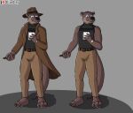 anthro belt blue_eyes brown_body brown_fur clock clothed clothing coat detective facial_hair fedora fur hat headgear headwear hi_res journalist male mammal mustelid ollie_the_otter ollieotty otter tail tan_body tan_fur topwear trenchcoat watch