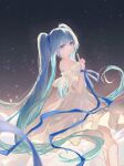  1girl aqua_nails blue_eyes blue_hair blue_ribbon closed_mouth commentary dress fingernails fuchikoto hair_between_eyes hair_tie hatsune_miku highres long_hair nail_polish off-shoulder_dress off_shoulder ribbon sitting solo twintails untranslatable_commentary very_long_hair vocaloid white_dress wrist_ribbon 