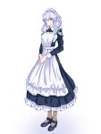  1girl absurdres apron black_dress black_shoes blue_eyes blush bow braid bright_pupils brown_pantyhose buttons closed_mouth collared_dress commentary dot_nose dress frilled_apron frilled_dress frills full_body green_bow grey_hair hair_ribbon highres izayoi_sakuya long_sleeves looking_at_viewer maid maid_apron maid_headdress mary_janes medium_hair own_hands_together pantyhose ribbon shoes simple_background sleeve_cuffs smile solo split_mouth standing touhou twin_braids white_apron white_background white_pupils zaguromaru 