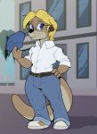2026 anthro belt blonde_hair blue_ear_piercing blue_eyes bottomwear building city clothing colored day eyewear footwear glasses hair hand_on_hip hat headgear headwear male mammal mustelid otter otter_tail outside pandottermon pants parker_(pandottermon) shirt shoes solo standing topwear whiskers