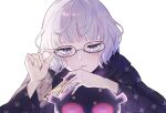  1girl absurdres adjusting_eyewear baphomet_(fate) black_jacket blue_eyes commentary_request fate/grand_order fate_(series) glasses grey_hair highres jacket jacques_de_molay_(foreigner)_(fate) jacques_de_molay_(foreigner)_(second_ascension)_(fate) looking_at_viewer noneko127 purple_nails short_hair simple_background white_background 