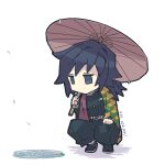  1boy belt black_hair black_jacket black_pants black_socks blue_eyes buttons chibi chibi_only commentary_request demon_slayer_uniform full_body gold_buttons haori highres holding holding_umbrella jacket japanese_clothes kikkoumon kimetsu_no_yaiba long_hair low_ponytail male_focus no_mouth pants ponytail print_haori rain red_haori sandals simple_background socks solo spiked_hair squatting tomioka_giyuu umbrella ura_ura001 white_background white_belt 