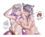  3girls :3 :d ;3 animal_ear_fluff animal_ears aragiken armpits arms_up blue_eyes castorice_(honkai:_star_rail) cat_ears cipher_(honkai:_star_rail) commentary commission grabbing_another's_breast grabbing_from_behind gradient_hair grey_hair groping highres honkai:_star_rail honkai_(series) looking_at_viewer multicolored_hair multiple_girls nude one_eye_closed open_mouth purple_eyes purple_hair red_hair smile stomach tribbie_(honkai:_star_rail) 