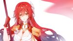  1girl breasts cleavage commentary dress earrings epaulettes fleuwoods gloves highres himeko_(honkai:_star_rail) himeko_(nova)_(honkai:_star_rail) holding holding_weapon honkai:_star_rail honkai_(series) jewelry large_breasts long_hair orange_eyes red_gloves red_hair simple_background smile solo star_(symbol) star_earrings upper_body very_long_hair weapon white_dress 