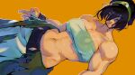  1girl abs absurdres avatar:_the_last_airbender avatar_legends bandeau bare_shoulders belt biceps black_hair blind blue_eyes breasts cleavage collarbone commentary green_hairband hair_between_eyes hair_bun hairband hat highres large_breasts looking_at_viewer midriff muscular muscular_female navel official_alternate_costume orange_background pants relusionh short_hair simple_background single_hair_bun smile solo strapless toph_beifong tube_top updo white_tube_top yellow_background 