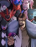  1boy amoonguss bead_necklace beads brown_hair cape clenched_teeth closed_eyes colored_sclera ertdoesart evil_smile flutter_mane frown furry glasses gothitelle green_eyes highres holding holding_poke_ball incineroar jewelry koraidon lips lipstick makeup male_focus master_ball mechanical_eyes meme muscular muscular_male necklace partial_humanization poke_ball pokemon red_lips red_sclera scream_tail serious short_hair single_mechanical_eye slit_pupils smile teeth thick_lips v-shaped_eyebrows viltrumite_group_shot_(meme) wolfe_glick yellow_eyes 