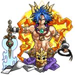  1boy armlet bangle blue_hair bracelet chest_jewel closed_mouth cropped_torso earrings facial_mark forehead_jewel forehead_mark gold_horns hagoromo highres holding holding_sword holding_weapon holding_whip jewelry looking_at_viewer muscular muscular_male necklace pointy_ears red_eyes reverse_grip ryuuga_(shinrabanshou) s_bansho shawl shinrabanshou solo sword topless_male tsurime upper_body weapon whip white_background 