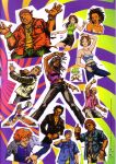  1990s_fashion 4girls 6+boys absurdres artbook bald bandana baseball_cap beanie beatmania_iidx belt bemani black_pants black_skirt blue_pants breasts brown_hair camisole character_request cleavage colorful crease dancing dark-skinned_female dark-skinned_male dark_skin dog_tags dreadlocks earrings fireboy_(beatmania) goli_matsumoto green_shirt grin hat headphones highres hoop_earrings jewelry long_hair low_twintails multiple_boys multiple_girls official_art open_clothes open_shirt orange_hair orange_shirt pants pink_shirt red_bandana red_shirt scan scan_artifacts shirt short_hair skirt sleeveless sleeveless_shirt smile spiked_hair sunglasses third-party_source twintails yellow_camisole 
