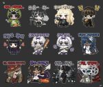  5boys 6+girls :t amputee animal_feet animal_hands aqua_eyes araya_(project_moon) backpack bag baguette black_hair blonde_hair blonde_streaks blowing_smoke blue_coat blue_eyes blue_hair blue_streaks bow braid bread brown_hair chain chibi chibi_only cigar closed_mouth coat coat_on_shoulders commentary_request cracked_mask dark-skinned_female dark_skin dinosaur_costume eating eye_trail ezra_(project_moon) fang feather_hair_ornament feathers fire flaming_sword flaming_weapon food food_art glasses gold_trim grey_background grey_eyes hair_bow hair_ornament hair_over_one_eye hand_on_own_face hat high_ponytail highres holding holding_smoking_pipe holding_sword holding_weapon hong_lu_(project_moon) hood hood_up index_(identity)_(project_moon) ink jacket jitome kira_(project_moon) kiseru korean_commentary korean_text light_trail limbus_company limbus_kindergarten_uniform long_hair mask middle_(identity)_(project_moon) moses_(project_moon) multicolored_hair multiple_boys multiple_girls open_clothes open_coat open_mouth outis_(project_moon) outline outstretched_arms pants parted_bangs ponytail project_moon purple_bow purple_coat purple_eyes purple_pants randoseru red_coat red_eyes red_hat red_pants ring_(identity)_(project_moon) robe rufo_(project_moon) sheath sheathed shirt shoulder_bag sidelocks signature skirt smoke smoking smoking_pipe sora_(system0820) streaked_hair sword tako-san_wiener valencina_(project_moon) vergilius_(project_moon) vespa_crabro waving weapon white_coat white_jacket white_mask white_outline white_robe white_skirt white_streaks wide_ponytail yellow_shirt yi_sang_(project_moon) 