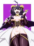  1girl bat_brooch breastless_clothes breasts corset cross cross-shaped_pupils cross_facial_mark cross_pasties dominatrix facial_mark fold-over_gloves forward-facing_horns highres holding holding_riding_crop horns ibaraneco lowleg lowleg_pants magia_baiser mahou_shoujo_ni_akogarete open_mouth pants pasties purple_background purple_corset purple_hair riding_crop shrug_(clothing) solo star_(symbol) star_pasties symbol-shaped_pupils thighs white_shrug yellow_horns 