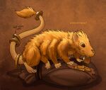 accessory ambiguous_gender aurumvorax brown_eyes coin coin_in_mouth coin_pouch dungeons_and_dragons eating eating_coin english_text feral fur furgonomics glistening glistening_body gold_(metal) gold_coin hasbro hi_res hybrid mammal multi_limb murid murine pankallisti rat rodent solo speckled_body tail tail_accessory tail_ornament text wizards_of_the_coast yellow_body yellow_fur
