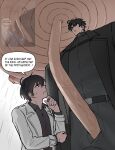  2boys black_coat black_hair black_shirt coat collared_shirt english_text erection from_below hand_on_own_chin hand_on_own_elbow height_difference highres kim_dokja looking_at_another male_focus meme multiple_boys omniscient_reader's_viewpoint open_clothes open_coat open_fly penis rain reference_inset shirt short_hair taotaille veins white_coat yoo_joonghyuk 