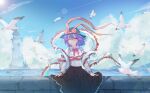  1girl bird black_hat black_skirt blue_sky blush bow bowtie capelet closed_mouth cloud commentary day frilled_capelet frilled_shawl frills hat hat_bow highres huaijiu lens_flare lighthouse long_sleeves looking_at_viewer medium_hair nagae_iku ocean one_eye_closed outdoors pink_bow pink_bowtie purple_hair red_bow red_eyes seagull shawl shirt skirt sky smile solo touhou water white_bird white_shirt 