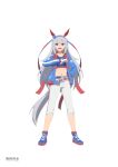  1girl absurdres animal_ears belt blue_eyes blue_hairband blue_jacket blue_shoes blue_sports_bra breasts collarbone commentary_request ear_covers fingerless_gloves full_body gloves grey_hair grey_tail hair_between_eyes hairband headband highres horse_ears horse_girl horse_tail jacket lightning_bolt_print lightning_bolt_symbol long_hair long_sleeves midriff multicolored_hairband navel open_mouth pants red_belt red_headband restra25 shoes simple_background small_breasts smile sports_bra striped_clothes striped_hairband tail tamamo_cross_(fast_as_lightning)_(umamusume) tamamo_cross_(umamusume) two-tone_hairband umamusume very_long_hair white_background white_pants 