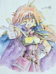  1girl :d armor bandeau belt black_headband blue_cape breasts cape commentary_request dot_nose earrings fang finger_gun gem gloves hand_on_own_hip hand_up headband highres jewelry lina_inverse long_hair loose_belt one_eye_closed open_mouth orange_hair pants pauldrons purple_cape red_eyes red_gem red_pants red_shirt shirt short_sleeves shoulder_armor simple_background slayers small_breasts smile solo sphere_earrings standing tani_gorira traditional_media two-sided_cape two-sided_fabric white_background white_gloves yellow_bandeau yellow_trim 